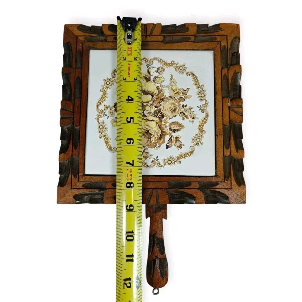 Vintage Ceramic Tile Trivet W/ Handle Carved Wood Frame Footed Floral England